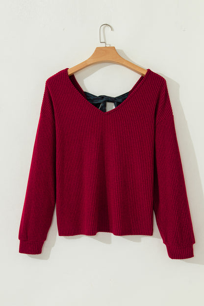 Racing Red Ribbed V Neck Contrast Ribbon Bow Back Drop Shoulder Long Sleeve Top