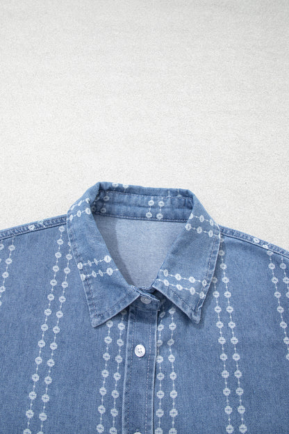 Myosotis Floral Print Button-Down Long Sleeve Denim Shirt