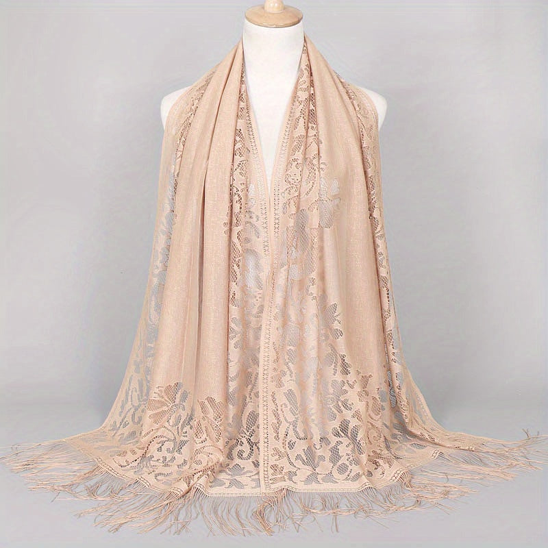 [Schal aus floraler Spitze mit Quasten] Damen-Schal aus floraler Spitze mit Quasten, weicher Netzstoff mit Fransen, Brautschal für Hochzeits- und Abendkleider