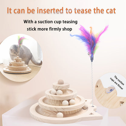 [Interactive Cat Ball Track] 3 Layer Tower Interactive Cat Ball Track | Natural Bamboo Wood with 9 Detachable Balls, Teasing Stick, DIY Circle Toys - Suitable for Kitten's Self-Hi, Boredom, Exercise, Educational Pet Toys