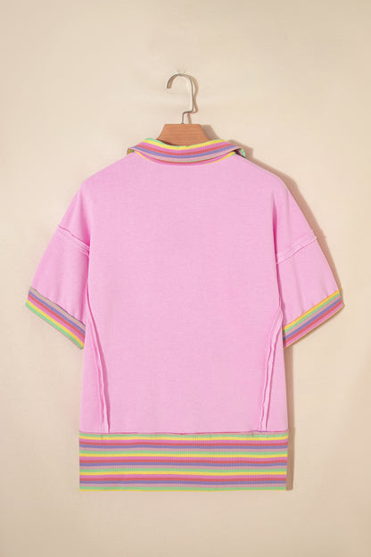 Pink Rainbow Stripe Ribbed Patchwork Raw Seam Oversize Polo Tee