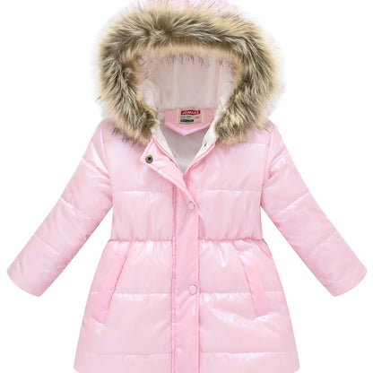 Winterjacke für Kinder im neuen Stil: Dicke, glänzende Kapuzenjacke für Jungen und Mädchen, mittellang