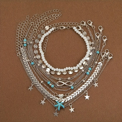 Set Of Multiple Bohemian Style Golden Starfish Pearl Anklets For Girls To Wear During Summer Vacation Outings