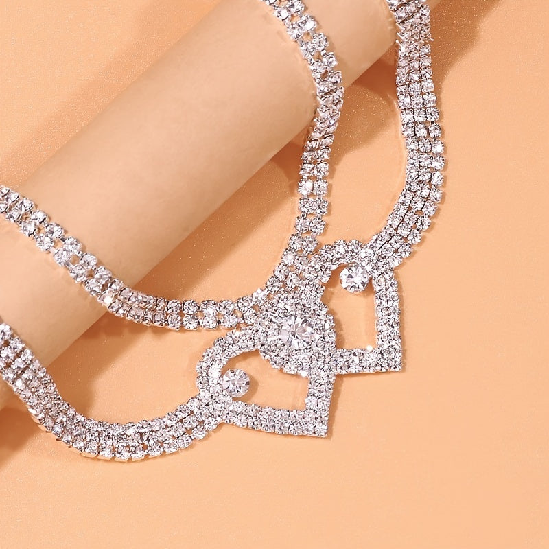 2pcs Trendy Style Double Heart Rhinestone Decor Anklets, Shiny Multi Layer Double Heart Crossed Anklets, Foot Chain Jewelry Accessories