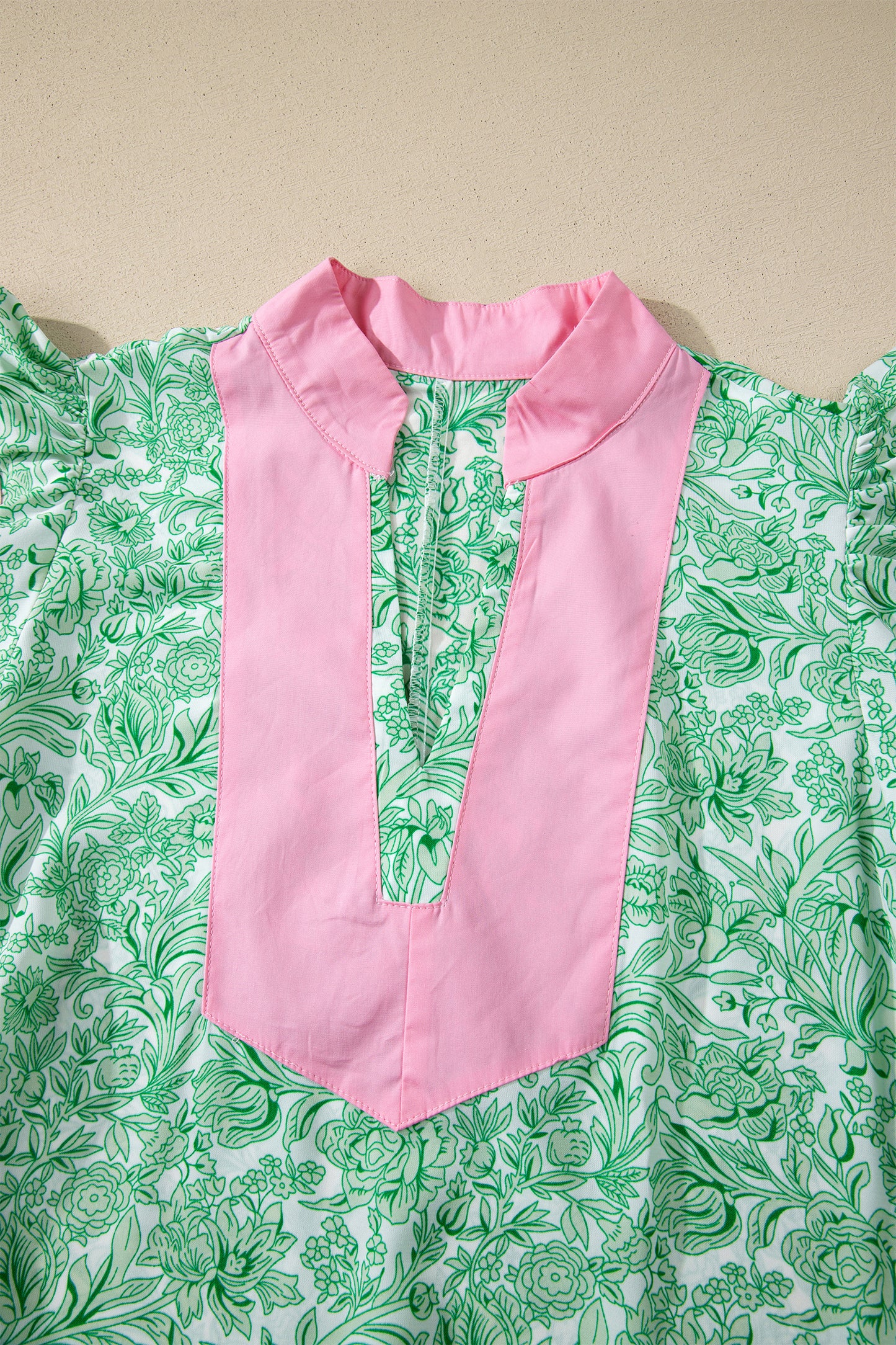 Green Floral Print Color Block Patchwork V Neck Short Sleeve Midi Dress