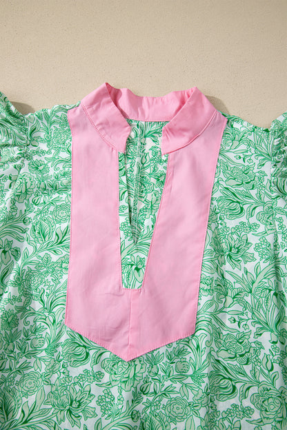 Green Floral Print Color Block Patchwork V Neck Short Sleeve Midi Dress