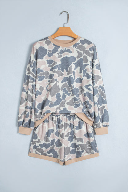 Multicolour Camouflage Patchwork Colorblock 2pcs Long Sleeve Top and Shorts Set