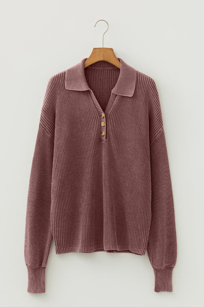 Dark Brown Mineral Washed Knit Button Polo Collar Loose Sweater