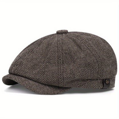 Retro-Schiebermütze im Fischgrätmuster für Herren – Schwarze, lässige Baskenmütze im Vintage-Stil, aus gestricktem Polyester, perfekt für Valentinstag und als Alltagsmütze | Vintage-Schiebermütze | Strickstruktur