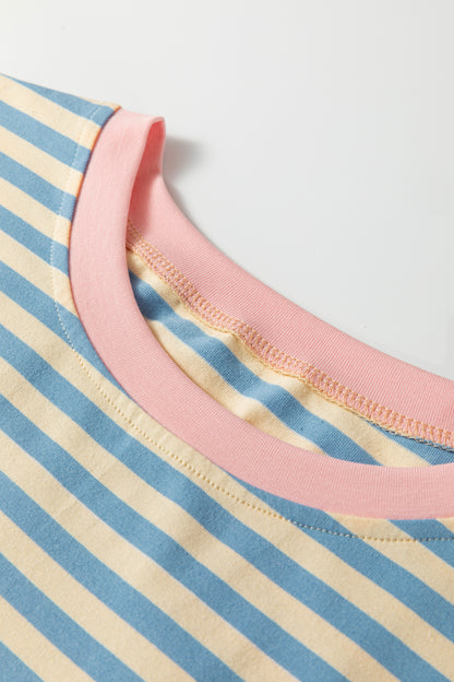 Sky Blue Stripe Contrast Crew Neck Drop Shoulder Loose Tee