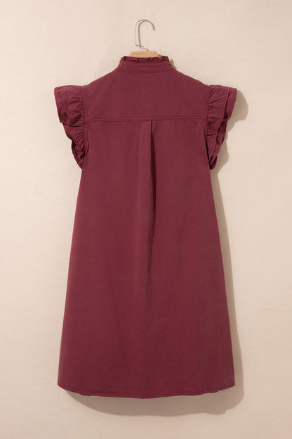 Red Sandalwood Frilled Detail Button Down Ruffle Short Sleeve Denim Mini Dress