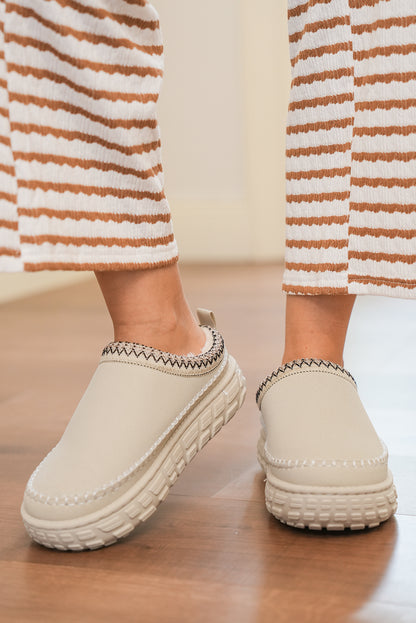 White Contrast Stitch Detail Faux Suede PU Patchwork Plush Winter Clog Slippers