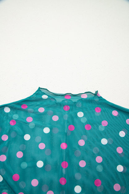 Green Polka Dot Patterned Bodycon Mock Neck Mesh Long Sleeve Top