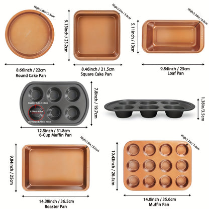 7pcs Nonstick Bakeware Set, Baking Pan Organization Set With Round & Square Cake Pans, Loaf Pan, Muffin Pan, Roasting Pan, And Ultrathick Muffin Baking Pan. Dishwasher Safe, Easy Clean