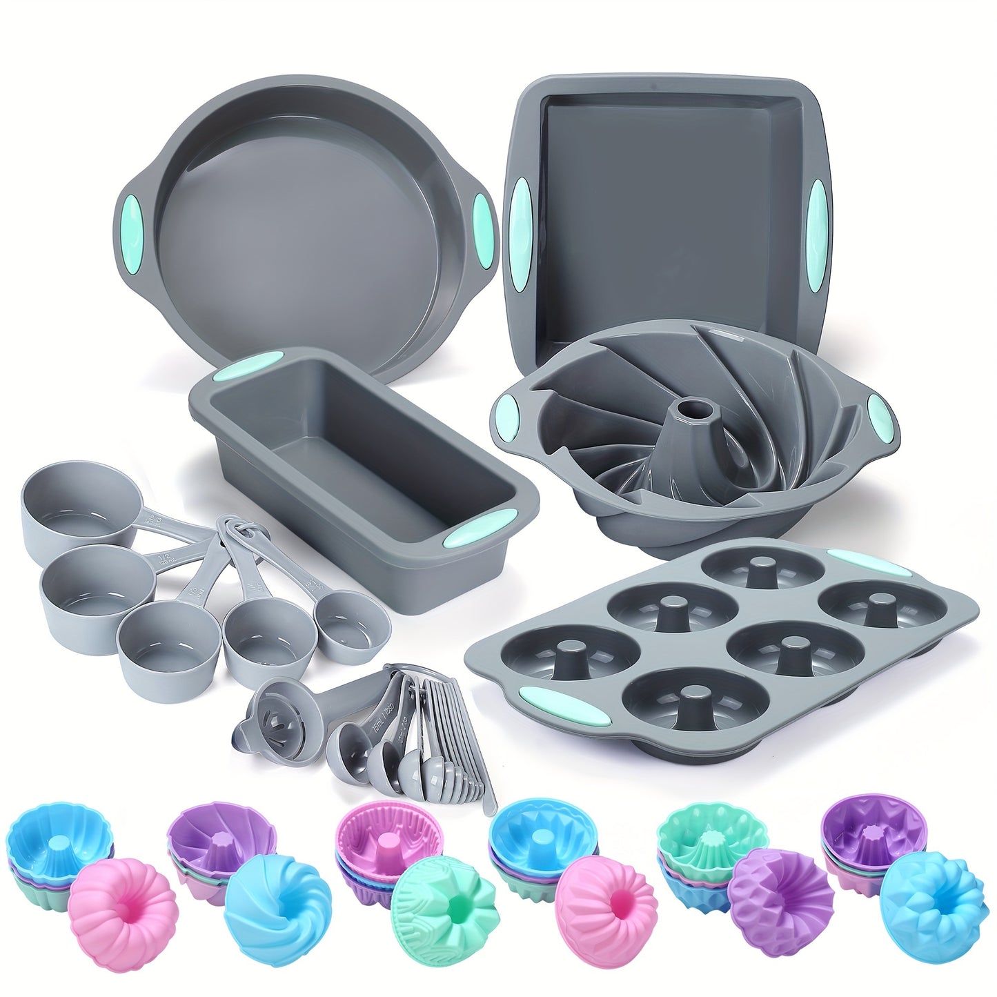 51/46 Pieces Silicone Bakeware Set, Non-Stick Kitchen Oven Baking Pans, Silicone Cake Molds with Muffin Pan, Cookies Baking Sheet, Cake Pan, Donut Pan and Loaf Pan  with 24 Pack Silicone Baking Cups, 17pcs Measuring Cups and