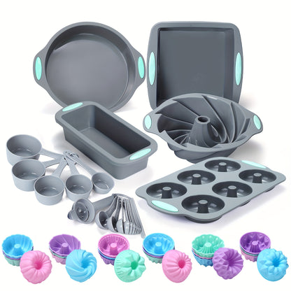 51/46 Pieces Silicone Bakeware Set, Non-Stick Kitchen Oven Baking Pans, Silicone Cake Molds with Muffin Pan, Cookies Baking Sheet, Cake Pan, Donut Pan and Loaf Pan  with 24 Pack Silicone Baking Cups, 17pcs Measuring Cups and