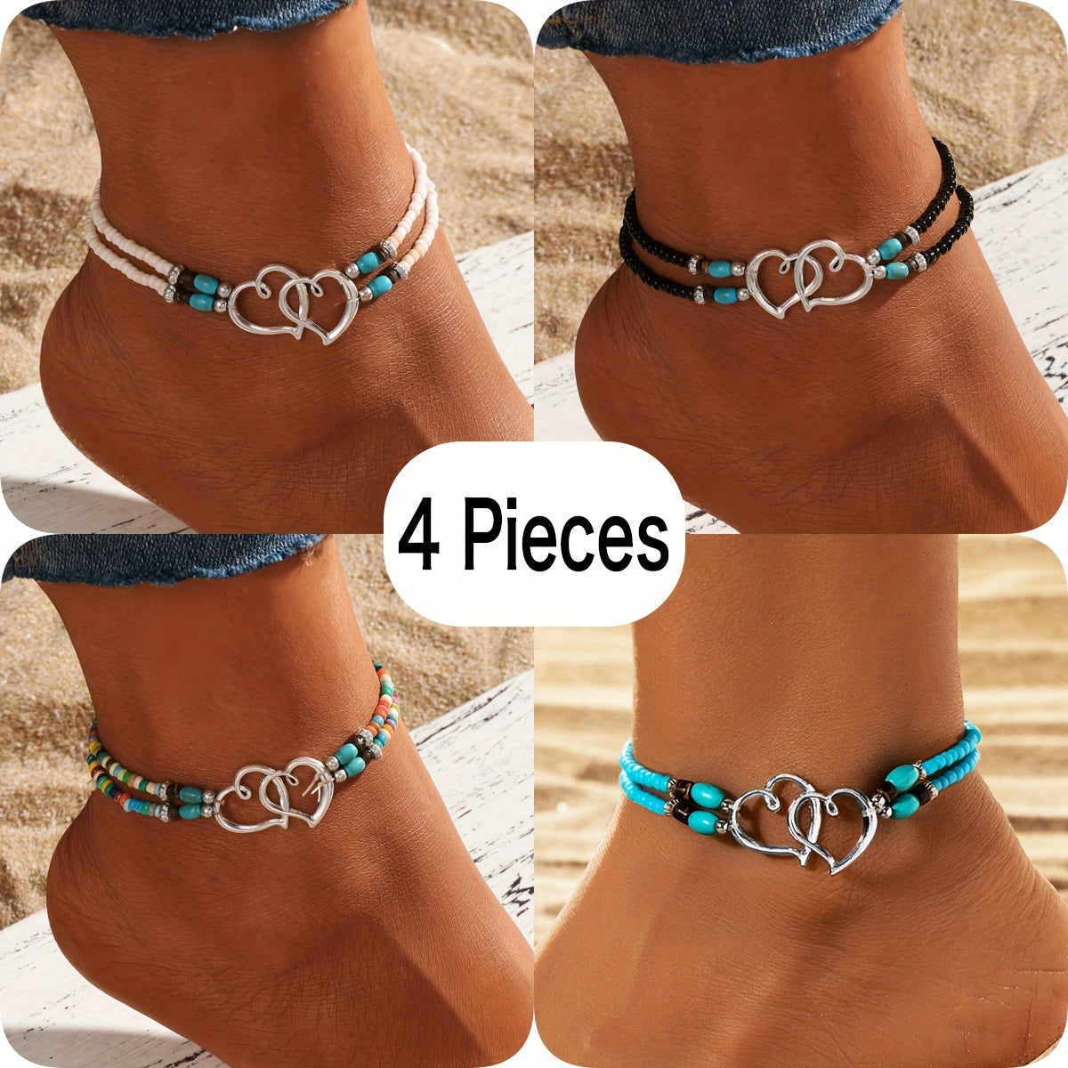 3 Pcs Shimmering Heartfelt Multicolor Beaded Anklet Set - Fashion Delicate Hollow Double Heart Design With Mini Seed Beads, Adjustable Elastic Boho Chic Anklets, Women Anklets, Surf Anklet, A Charm For Everyday Wear And Vacat