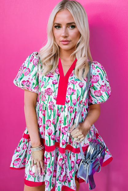 Pink Floral Print Contrast Trim V Neck Bubble Short Sleeve Babydoll Dress