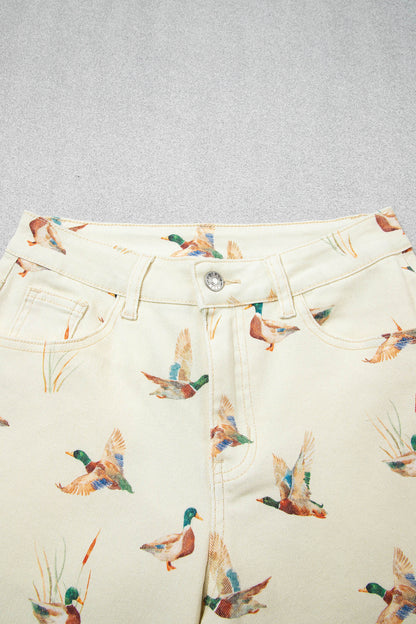 Beige Stylish Mallard Printed Cuffed Hem Shift Jeans
