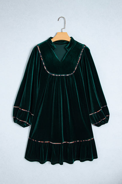 Blackish Green Leopard Trim Velvet Long Sleeve Shift Dress