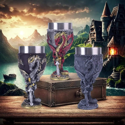 Medieval Flame Dragon Wine Cup, 7oz Stainless Steel, Reusable Insulated Drinkware, Gothic Novelty Gift, Vintage Flying Dragon Design, Hand Wash Only, Ideal for Family & Party Use