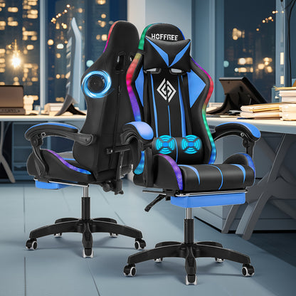 LED Gaming Chair With Wireless Speakers And Massage Big And Tall Video Game Chair For 397lbs With Footrest Reclining High Back Computer Desk Chair