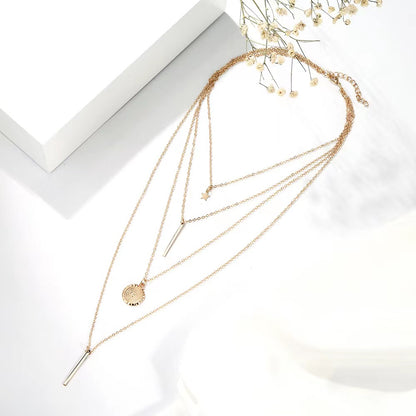 1 Modische, mehrlagige Halskette mit rundem Sternanhänger für Damen – Elegantes Accessoire, trendig