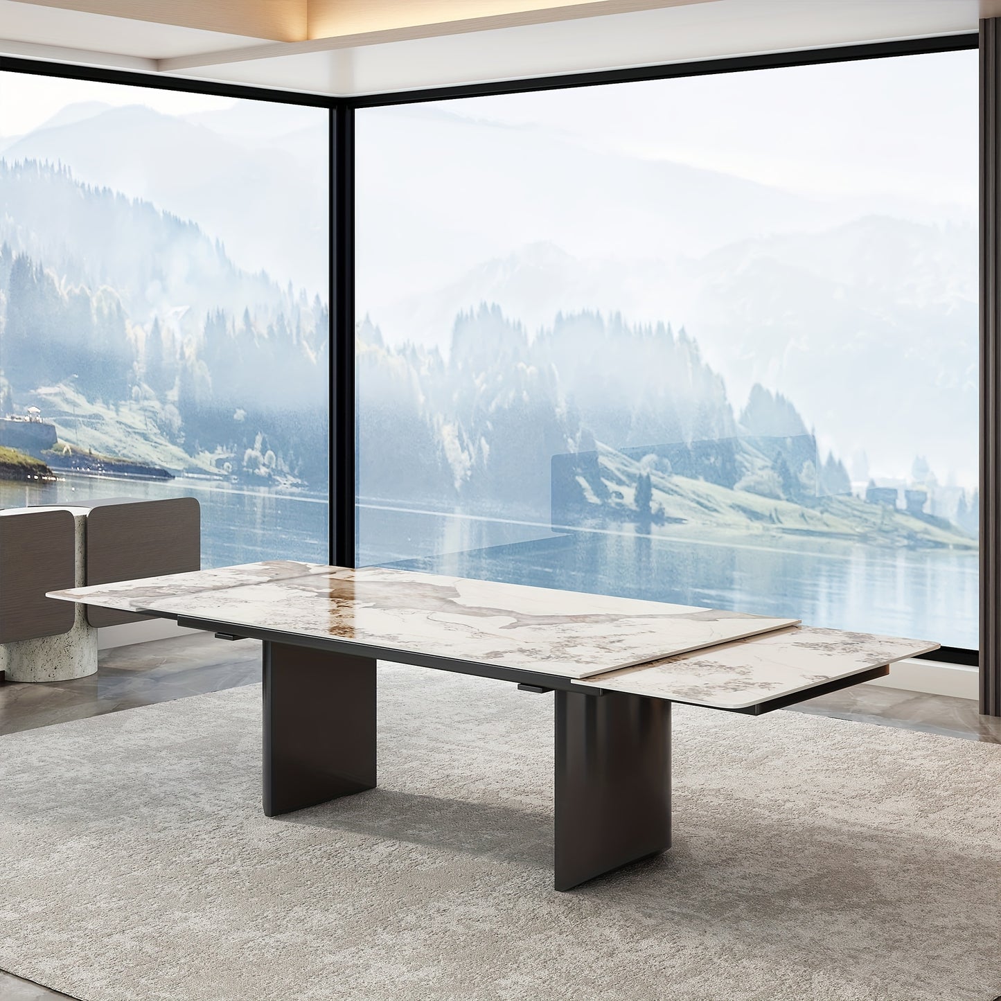 1pc Modern Extendable Dining Table, Rectangular Sintered Stone Top With Stainless Steel Legs, Seats 6-10 People, Adjustable Length 63''-94.5'', Ideal For Kitchen & Dining Room Decor