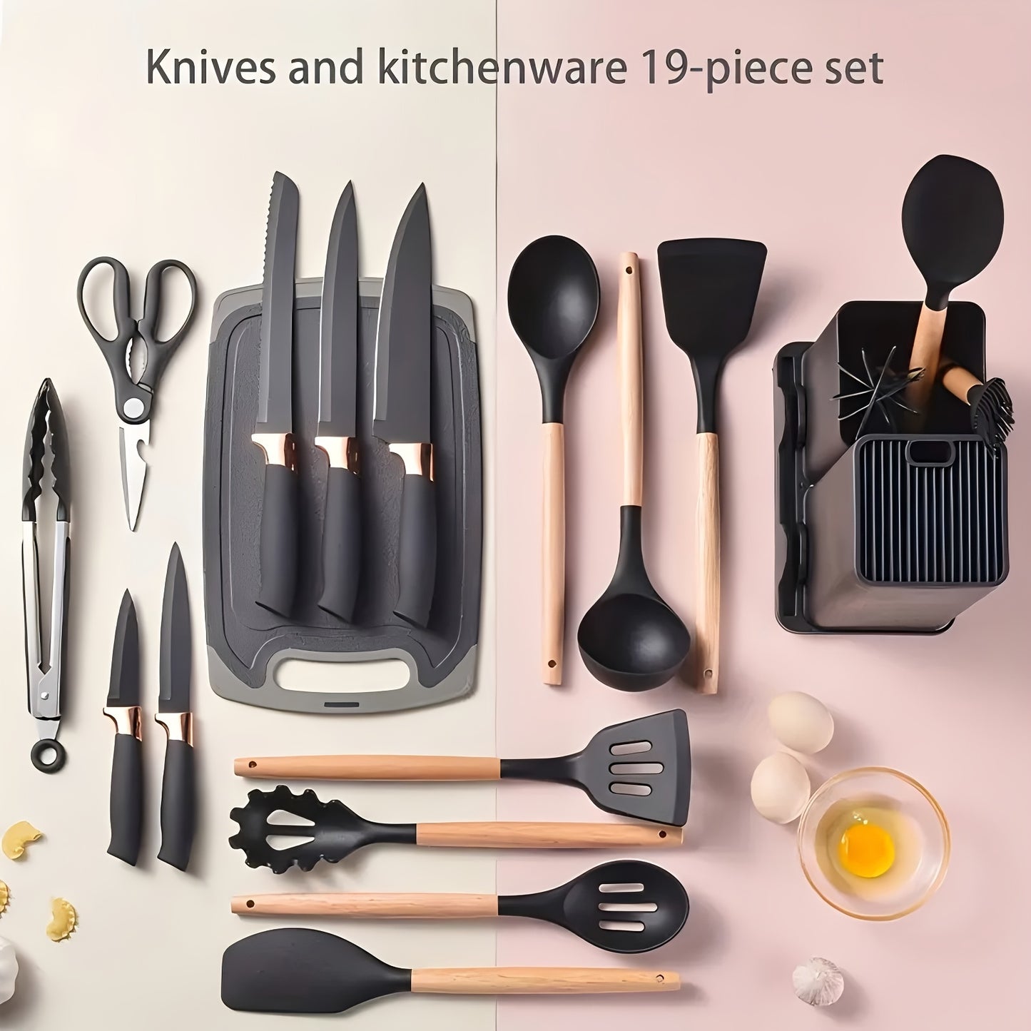19-Piece Silicone Kitchen Utensil Set With Knife And Cutting Board, Storage Bucket, Set, Wooden Handles, Heat Resistant, Non-Stick Cooking Tools - Perfect Kitchen Gadgets For Easy Cooking And Cleaning, The Perfect Holiday Gif