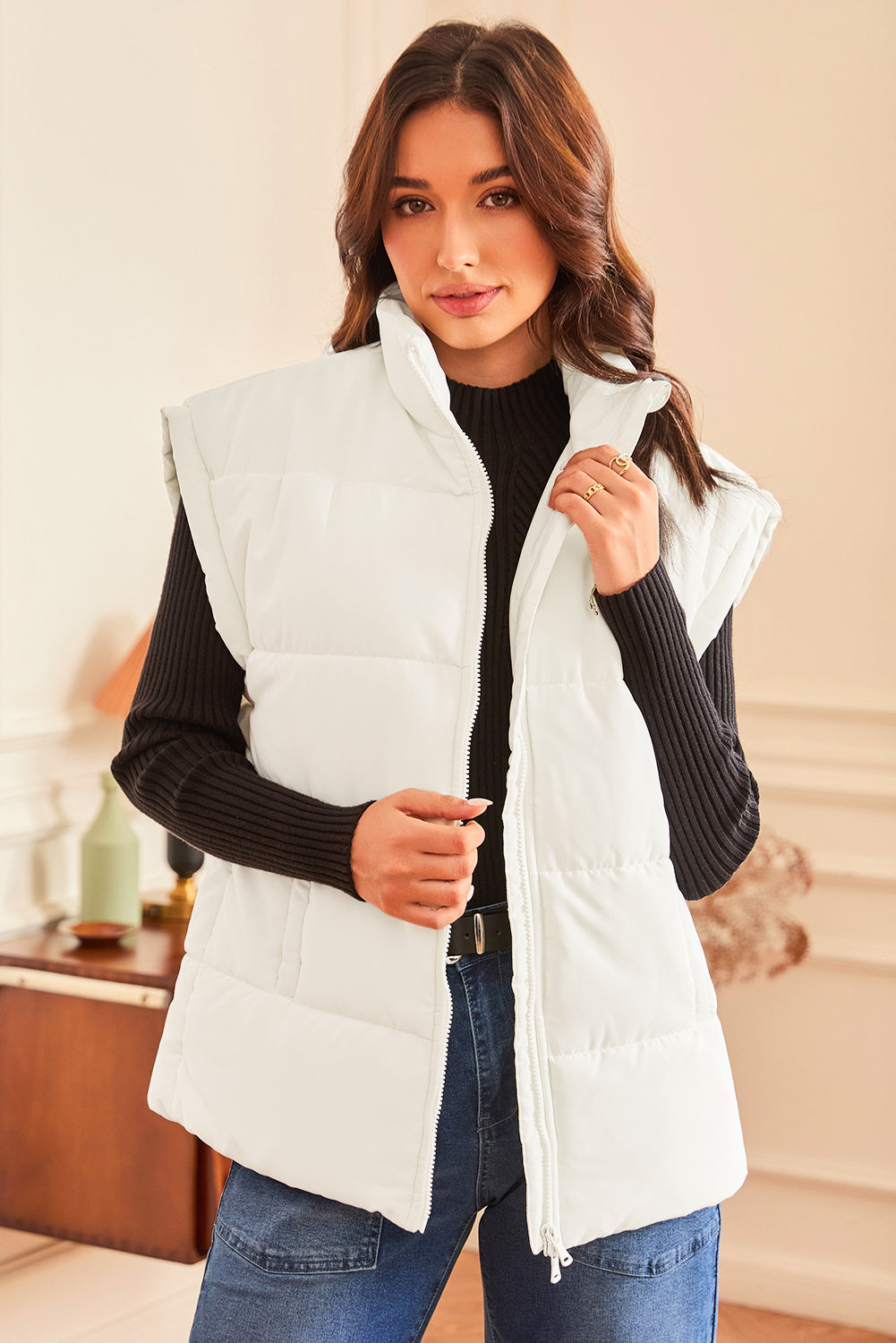 Beige  Zipper Stand Neck Oversized Puffer Vest