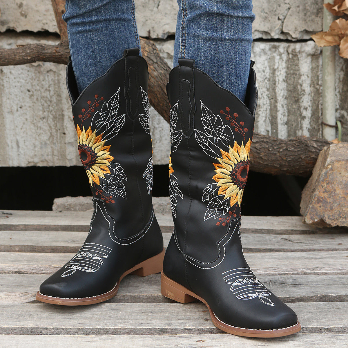 Bestickte Westernstiefel für Damen, mittelhoch, aus Kunstleder, Damenschuhe