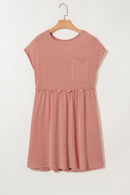 Dusty Pink Corded Knit Textured Patched Pocket Frilled Swing Mini Dress with Pockets