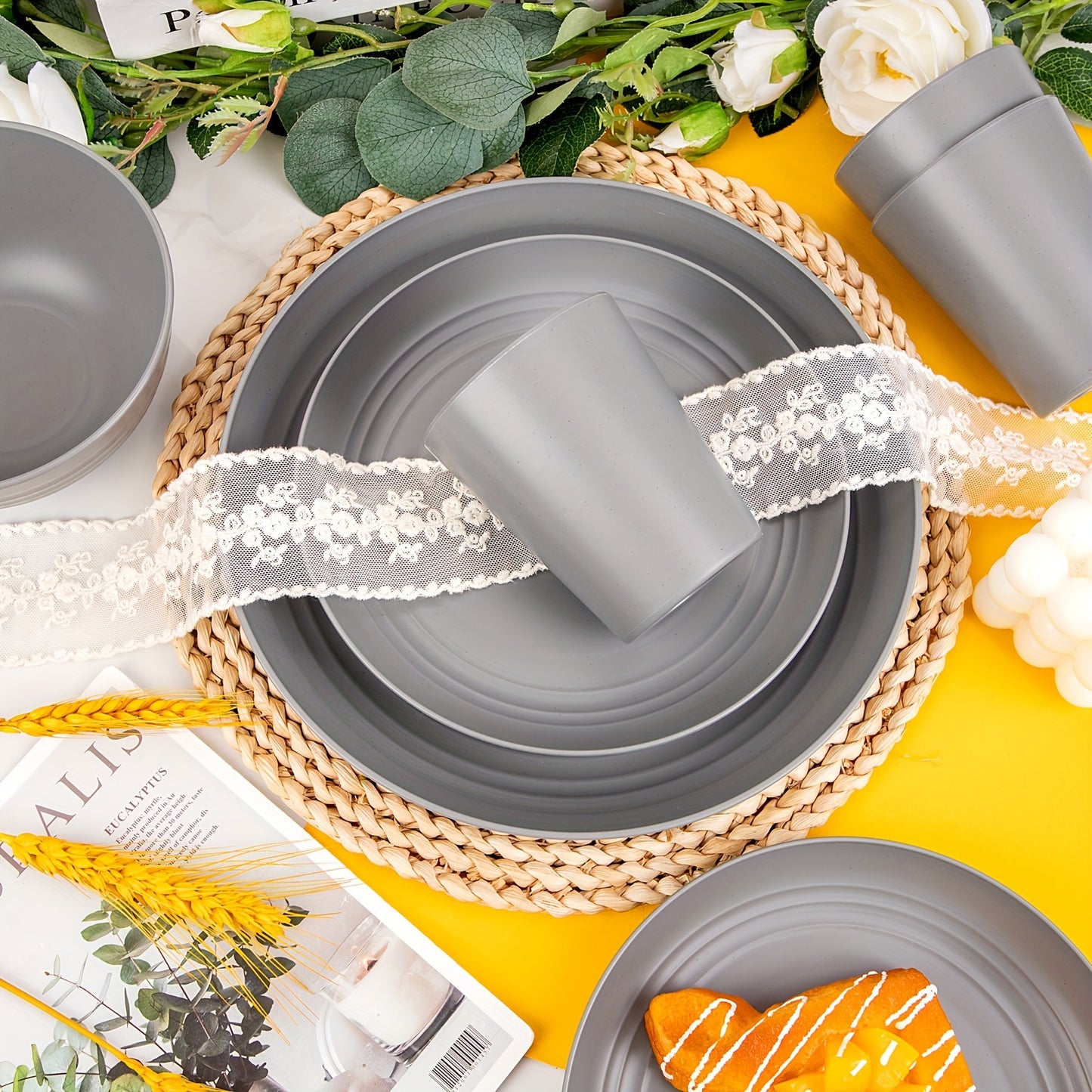 48pcs Gray Straw Dinnerware, Plates And Bowls Set, Camping Dish Set For 12, Plastic Dinnerware Set, Dishwasher Safe Gray Dinnerware Set, Unbreakable Plates, Camper Dish Sets, Reusable Tableware