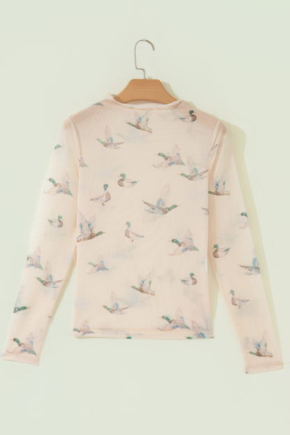 Beige High Neck Western Print Mesh Sheer Long Sleeve Top