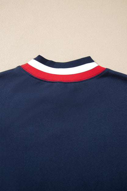 Dirty blue USA Slogan Patch Embroidery Colorblock High Neck Long Sleeve Sweatshirt