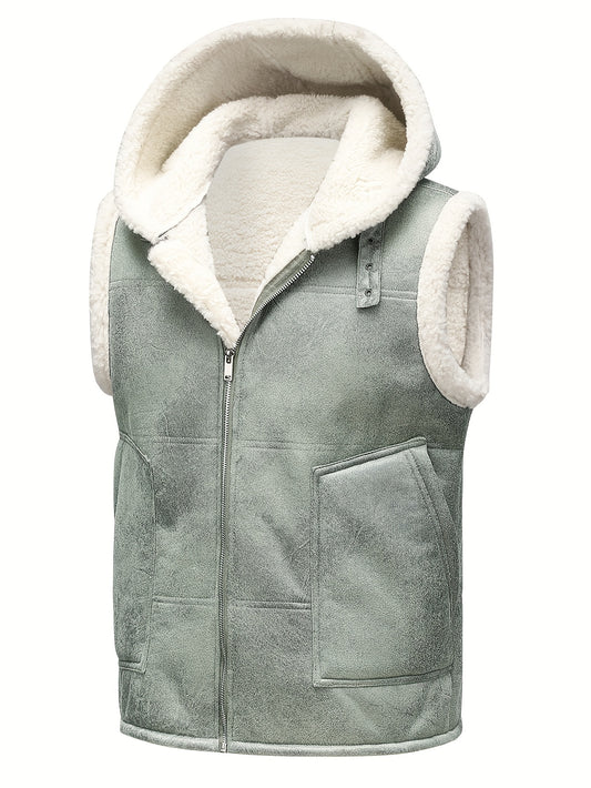 Fleecegefütterte Herren-Kapuzenweste – Stilvolle ärmellose Jacke mit Reißverschlusstaschen, warm und winddicht für lässige Winterkleidung, Olivgrün, Komfortweste für jeden Tag | Kapuzenjacke | Funktionelle Taschen