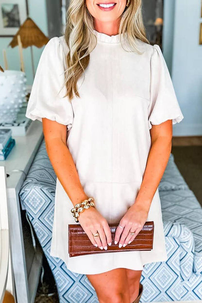 White Frilled Round Neck Short Puff Sleeve Shift Mini Dress
