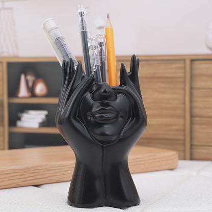 1pc Resin Art Pen Holder in Face-Holding Design - Elegant Home Decor Accent, Available in White, Golden, and Black - Perfect for Organizing Writing Instruments, Pens for Writing