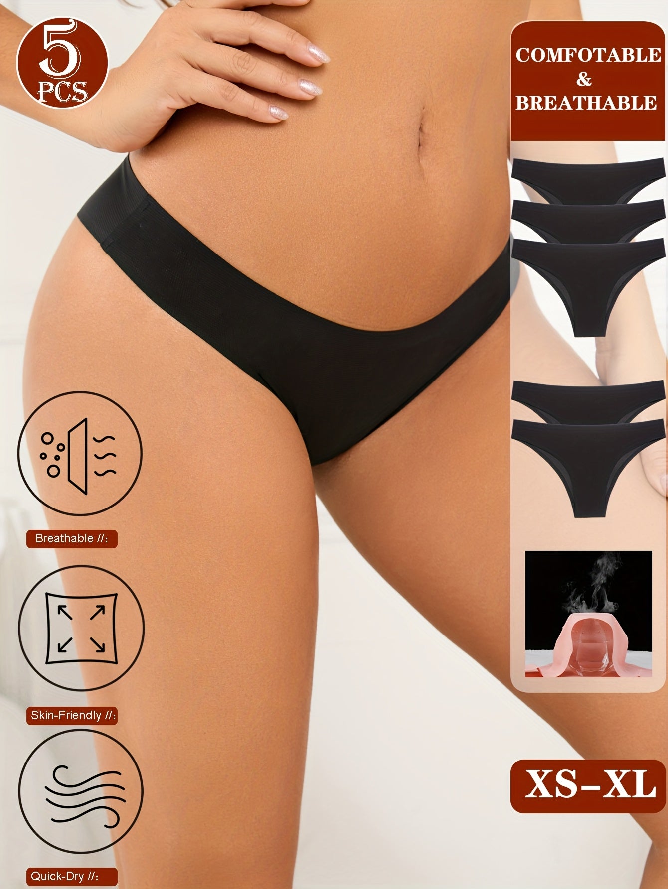 5er-Pack nahtlose Bikini-Unterwäsche für Damen – atmungsaktiv, schnelltrocknend, bequeme Passform, hüfttief geschnitten, einfarbig, 5 Modelle für Alltag und besondere Anlässe, Bikinihosen, Alltagsunterwäsche, minimalistisches Design, glatte Textur