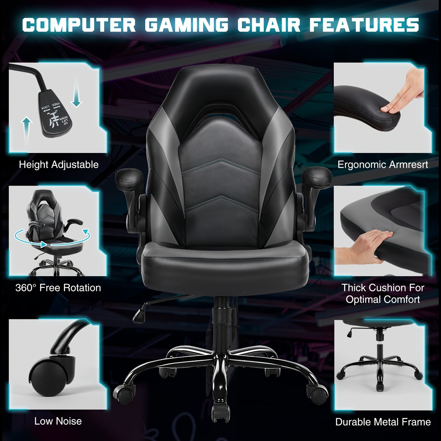 Gaming Chair, PU Leather Computer Gaming Chair, Ergonomic Home Office Desk Executive Chair, Height Adjustable Chair, Swivel Task PU Leather Racing Chair with Flip-up Armrest for Adults, Men, Girls, Gamer