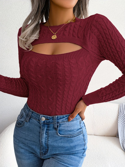 Damen-Langarmpullover mit Lochmuster | Hochelastisches Material, Rundhalsausschnitt, sexy, figurbetont, Herbst/Winter