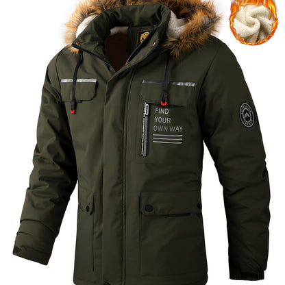 Herren-Winterwindjacke mit warmer Kapuze – Bordeauxroter Outdoor-Mantel mit Reißverschluss, Stehkragen, mehreren Taschen, lässig-sportliches Design für kaltes Wetter, Winterjacke