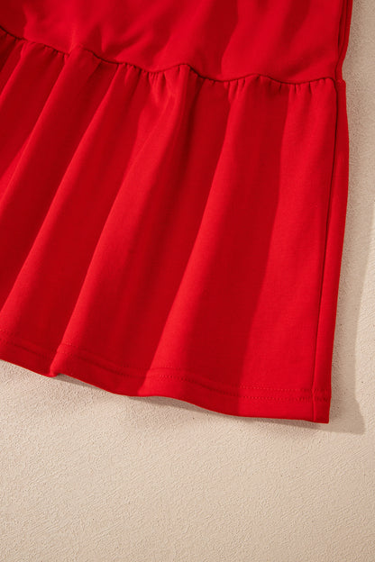 Fiery Red Contrast Striped Collar Patchwork Puff Sleeve Ruffle Hem Mini Dress