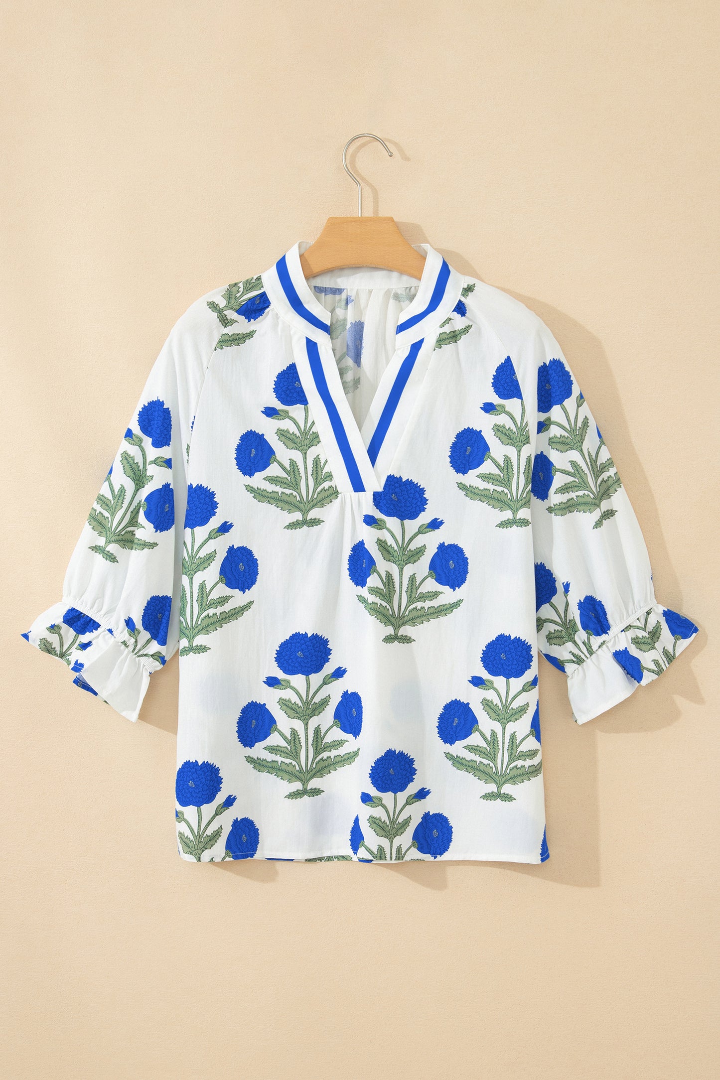 Sky Blue Casual Wild Flower Print V Neck 3/4 Sleeve Blouse