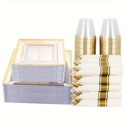 350pcs, Tableware Set, Golden Party Supplies, Plastic Dinnerware Set, Including Napkins, Cups. Plates, Spoon, Forks, Knives, Serve 50 Guests For Birthday And Party