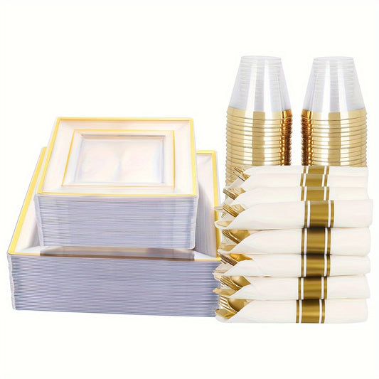 350pcs, Tableware Set, Golden Party Supplies, Plastic Dinnerware Set, Including Napkins, Cups. Plates, Spoon, Forks, Knives, Serve 50 Guests For Birthday And Party