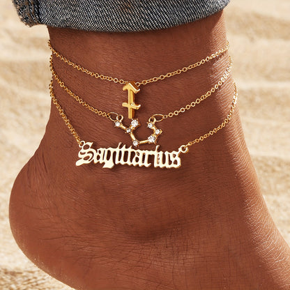 3 Pieces/ Set Golden Zodiac Anklets Set, Bohemian Elegant Ladies Multi-Piece Chain, Fashion Astrological Sign Charms For Women