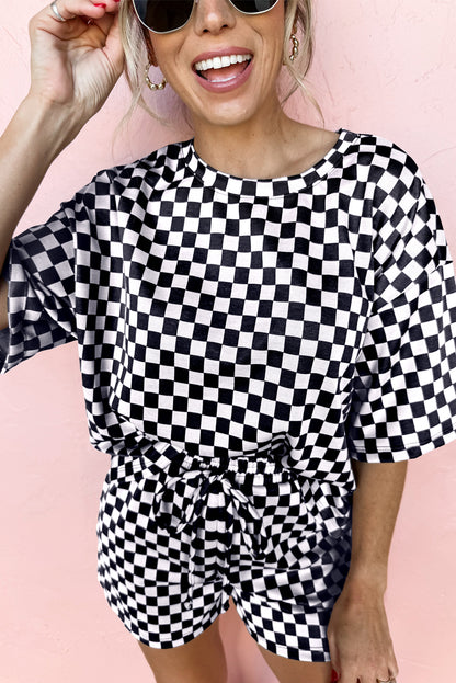 Black Checkered Top and Short Casual 2pcs Set
