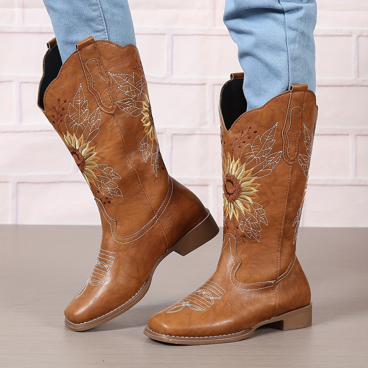 Bestickte Westernstiefel für Damen, mittelhoch, aus Kunstleder, Damenschuhe