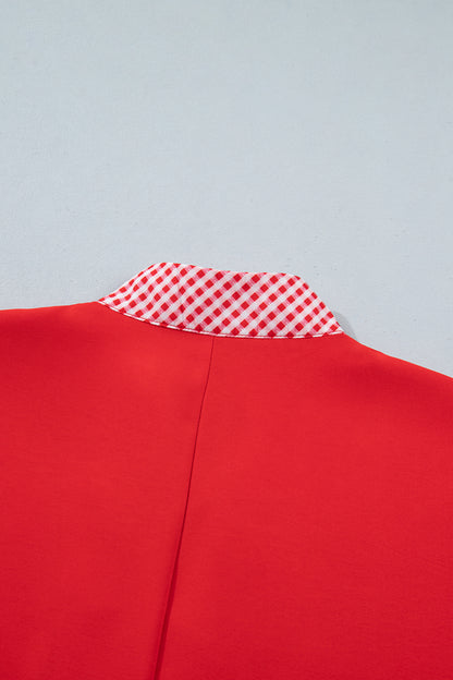 Red V Neck Plaid Collar Short Sleeve Tunic Blouse